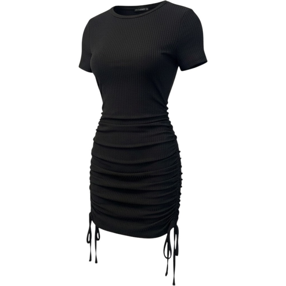 Zaful Black Ribbed Ruched Bodycon Mini Dress Short Sleeve Drawstring Small